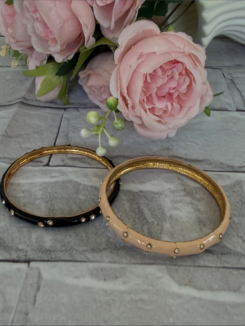 J.Crew set of 2 enamel rhinestone bangle bracelets black & blush pink colored
